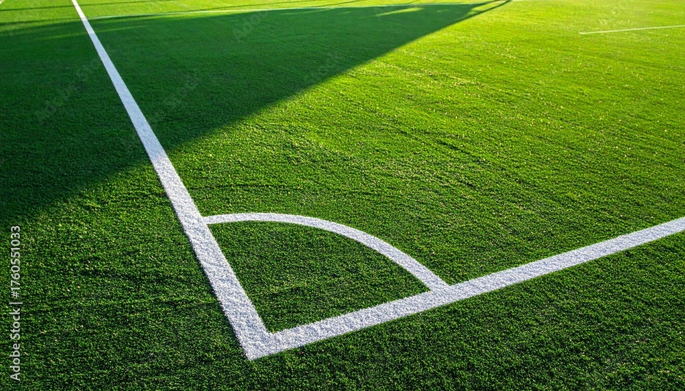Obraz premium Artificial Turf Corner Detail with Clean White Lines Green Field Athletic Field Ready for Sport.