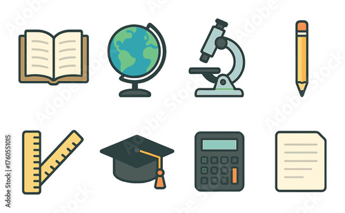 Colorful educational icons with books, earth globe, microscope, pencil, and graduation cap