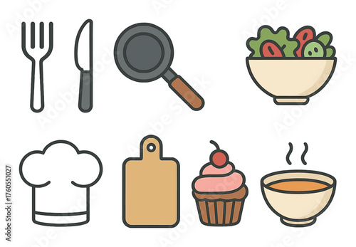 Cooking utensils and food icons featuring salad, cupcake, and soup illustrations