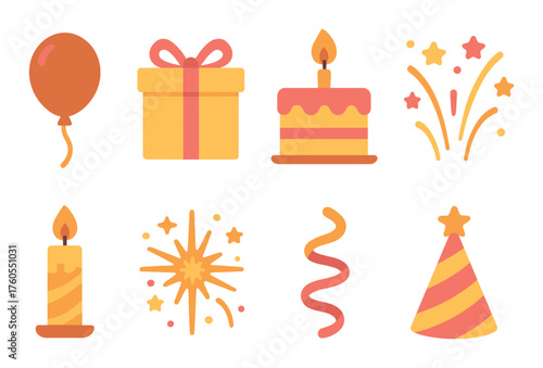 Colorful festive icons: balloons, gifts, cakes, fireworks, and party decorations