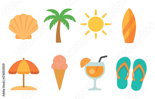 Bright summer icons: surfboard, ice cream, palm tree, and more