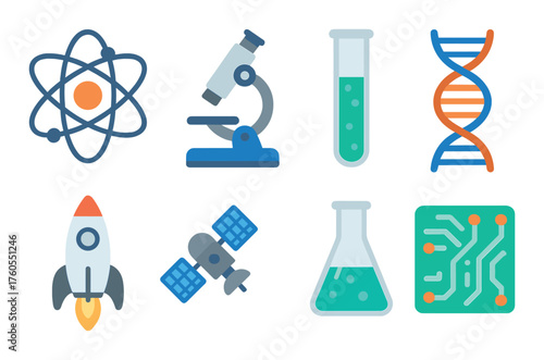 Science and technology icons: microscope, dna, rocket, circuit, atom, satellite