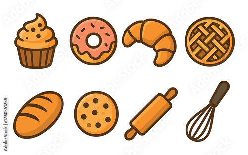 Colorful baking icons: cupcake, donut, croissant, pie, bread, cookie, rolling pin, whisk
