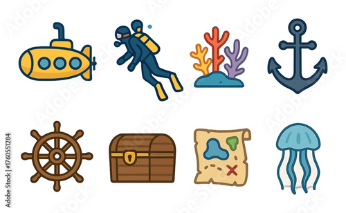Colorful nautical icon set featuring submarine diver coral anchor and treasure map
