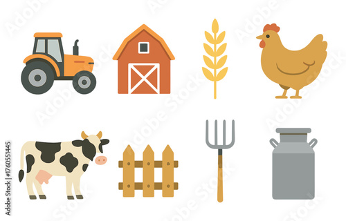 Farm elements with glowing tractor, barn, wheat, chicken, cow, fence, pitchfork, milk jug