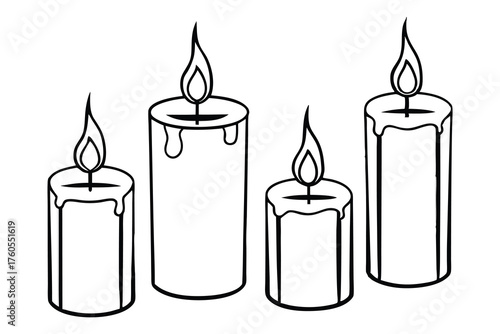 Elegant black-and-white line drawing of a single lit candle on a plate, exuding serene simplicity and timeless warmth for minimalist designs, memorials, or peaceful ambiance.