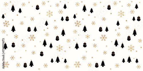 Gold glitter snowflake and cute black elements christmas background . christmas tree, snowman stars and snowflake .Elegant greeting wallpaper.