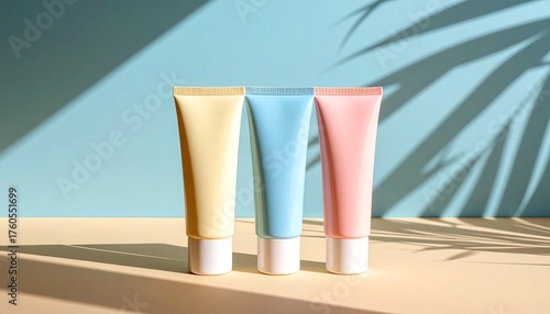 Wallpaper Mural Pastel Tubes Cosmetic Packaging Mockup Set for Skin Care and Beauty Products with Tropical Leaf Shadows. Torontodigital.ca