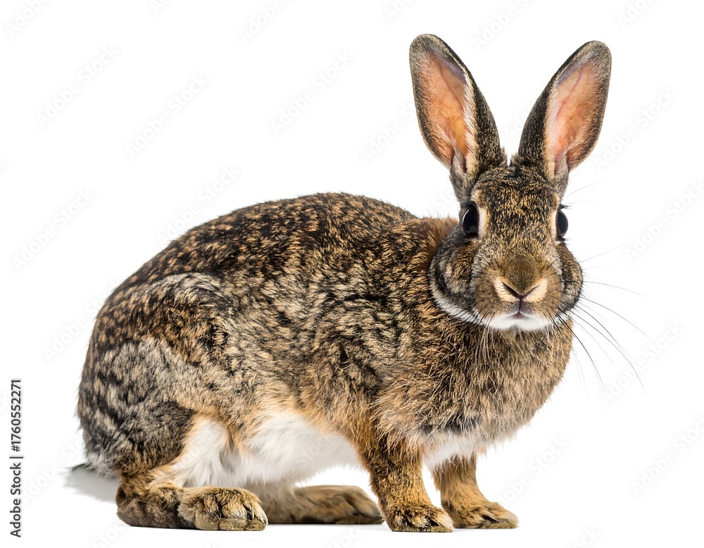 Fototapeta premium Alert Brown Rabbit Portrait on White Background - A Captivating Wildlife Study.