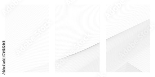 Set of three minimalist abstract backgrounds featuring subtle grey lines creating dynamic geometric and wave patterns on a clean white canvas. Ideal for modern design.