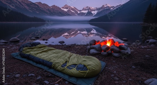 Sleeping bag beside campfire with mountain lake view during dusk
