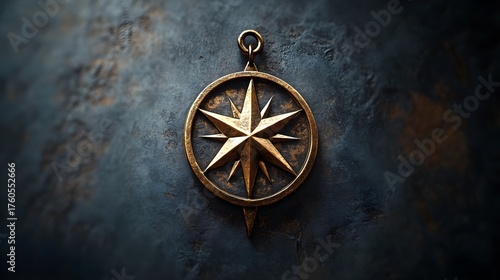 A detailed close-up showcases a golden compass rose pendant against a dark, textured backdrop