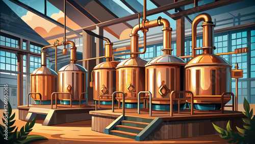 Very beautiful industrial brewery interior featuring large copper brewing tanks and polished stainless-steel pipes, with steam rising in warm light — blending craftsmanship, tradition, and modern indu