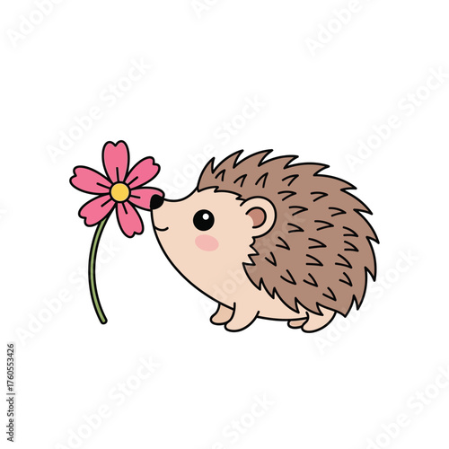 Cute Hedgehog Smelling a Pink Flower Mascot Cartoon Illustration