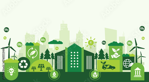 Net Zero and Carbon Neutral Concept Illustration with Green City and Sustainable Environment Design