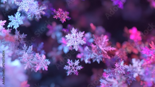 Intricate snowflakes swirl and float in a colorful atmosphere, showcasing the unique patterns of winter against a soft, glowing backdrop.