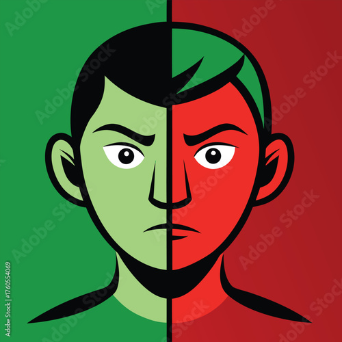 Split Face Illustration – Abstract Symmetry in Red and Green Representing Duality and Emotional Contrast