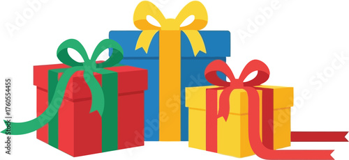 Colorful festive gift boxes stacked together decorated with ribbons and bows for celebration occasions vector