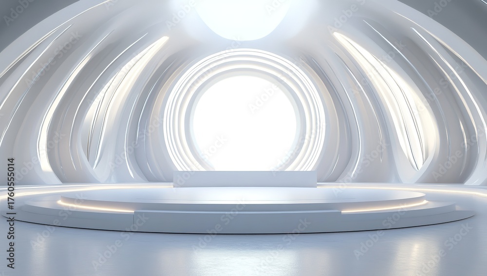 Fototapeta premium 3D render of a white, empty stage with a round podium and light ring in a futuristic room, a panoramic background for a presentation. All focus, brightness, daylight, bright room lighting