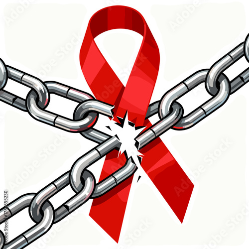 Red ribbon breaking metal chains, symbol of freedom for World AIDS Day