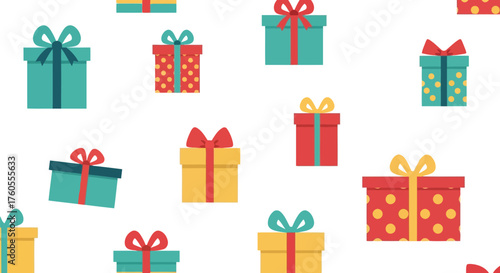 Festive seamless pattern of colorful gift boxes with ribbons and bows for celebrations vector