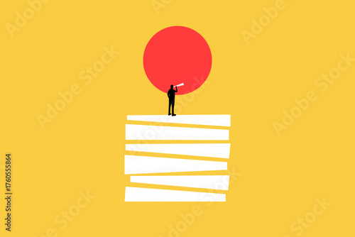 Businessman with telescope looking for future visionary. concept of Successful and fearless, leadership, challenges and achievements