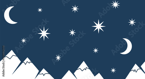 Whimsical night sky with crescent moons and sparkling stars over snowy mountains vector