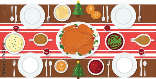 Top view festive dinner table setting with food plates and utensils ready for celebration meal vector