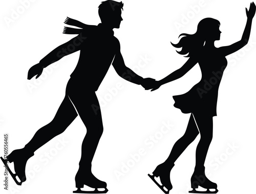 Silhouettes of a couple ice skating elegantly together holding hands in motion vector