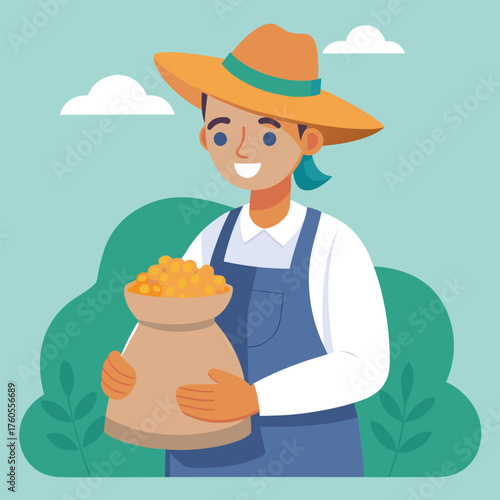 "Smiling Farmer Holding Harvest Sack in Straw Hat – Rural Agriculture Vector Scene