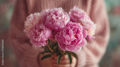 Young woman holding bouquet of white pink peonies in street