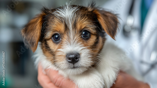 small cute dog on hands of veterinarian doctor