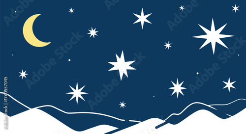 Whimsical crescent moon and starry night sky over snowy landscape vector