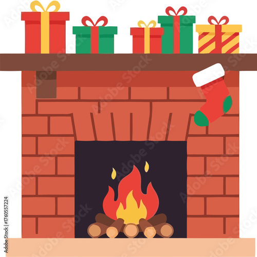 Cozy brick fireplace hearth with burning fire christmas stocking and gifts on mantle vector
