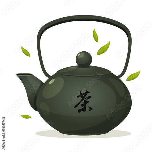 Cartoon vector illustration of Japanese teapot, surrounded by flying green leaves isolated on white background.