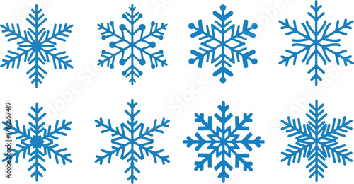 Eight delicate blue gradient snowflake ornaments for winter holiday season decoration vector