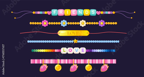Collection of handmade friendship bracelets made from colorful beads and alphabet letter charms, arranged on a dark purple background.