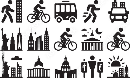 City Life Travel Icons Collection Person Bike Bus Car Landmark Building