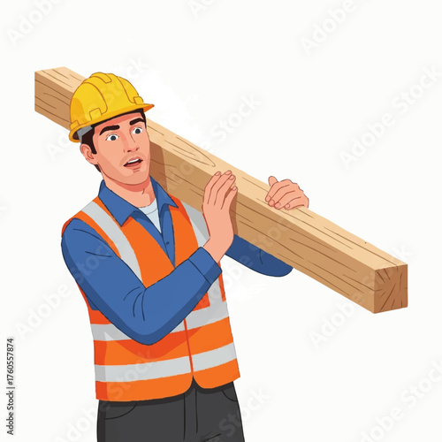 Cartoon illustration of a construction worker carrying a wooden beam on his shoulder.