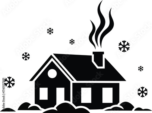 Cozy winter cabin with smoke from chimney and snowflakes falling gentle scene vector
