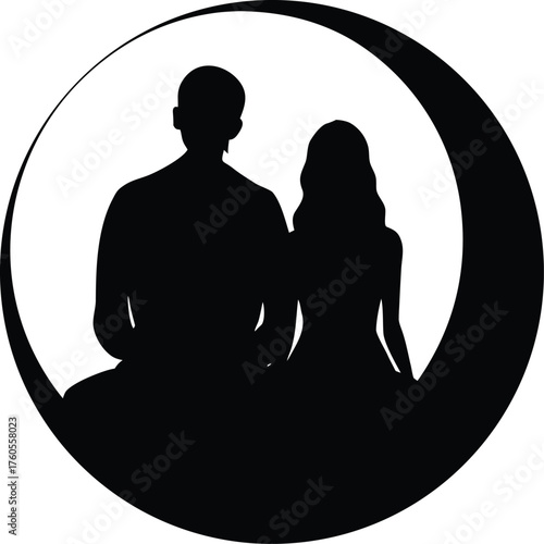 Couple silhouetted against a large full moon at night