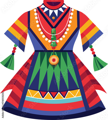 Colorful Traditional Dress – Stylized Cultural Attire with Beads, Tassels, and Geometric Patterns”