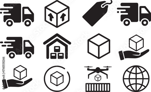 Delivery and Logistics Icon Set Delivery Truck Package Tag Warehouse Globe