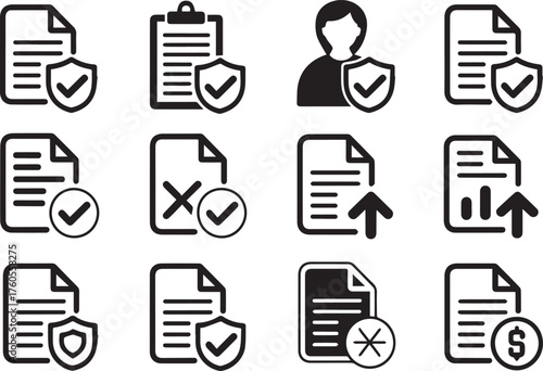 Document Security Silhouette Set with Shield and Tick Verification Protection