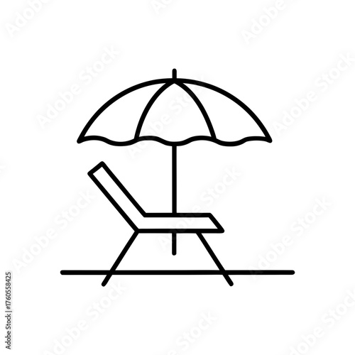 Outline drawing of a beach chair and umbrella icon on transparent background