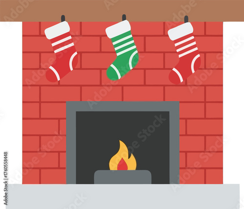 Cozy christmas fireplace with festive stockings warm glow festive holiday scene interior design vector