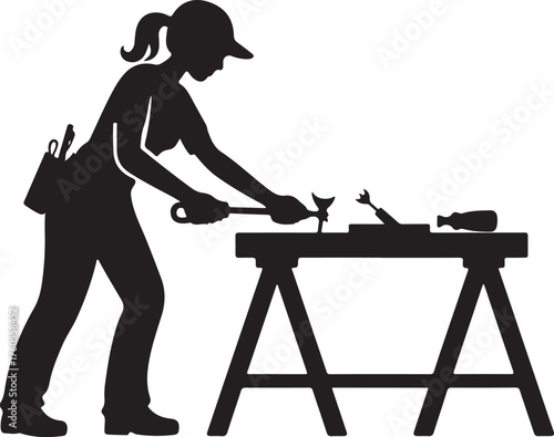 Craftswoman Woodworking Silhouette with Tools on Workbench Repair Improvement Skill
