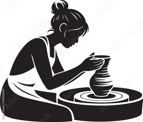 Woman Potter Creating Pottery Vase Silhouette on Potter's Wheel Craftsman Art
