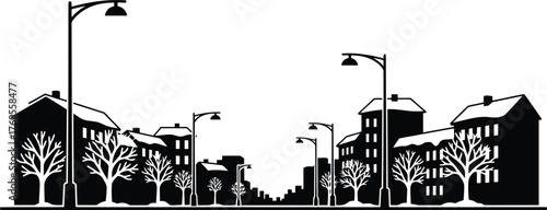 Urban landscape silhouette architectural city buildings trees streetlights stylized line art vector graphic vector