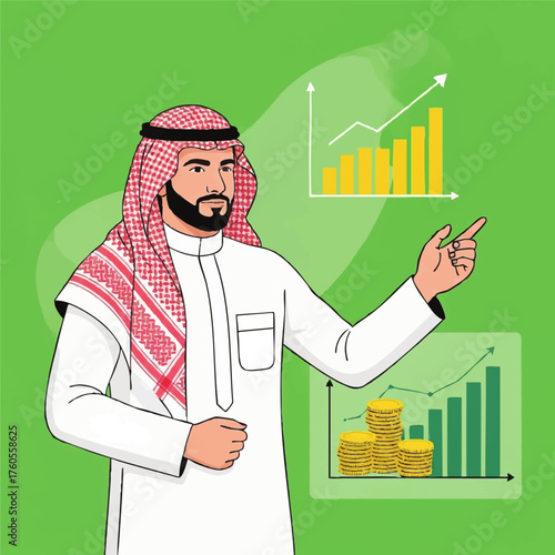 Arab businessman presenting financial growth charts and investment success in a professional cartoon style illustration.